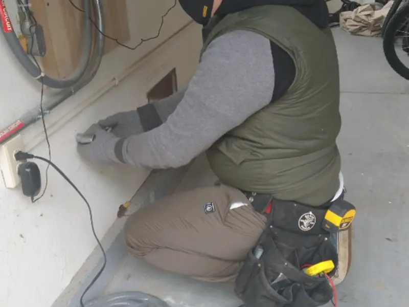 Electrician performing outlet wiring in a Marshfield garage